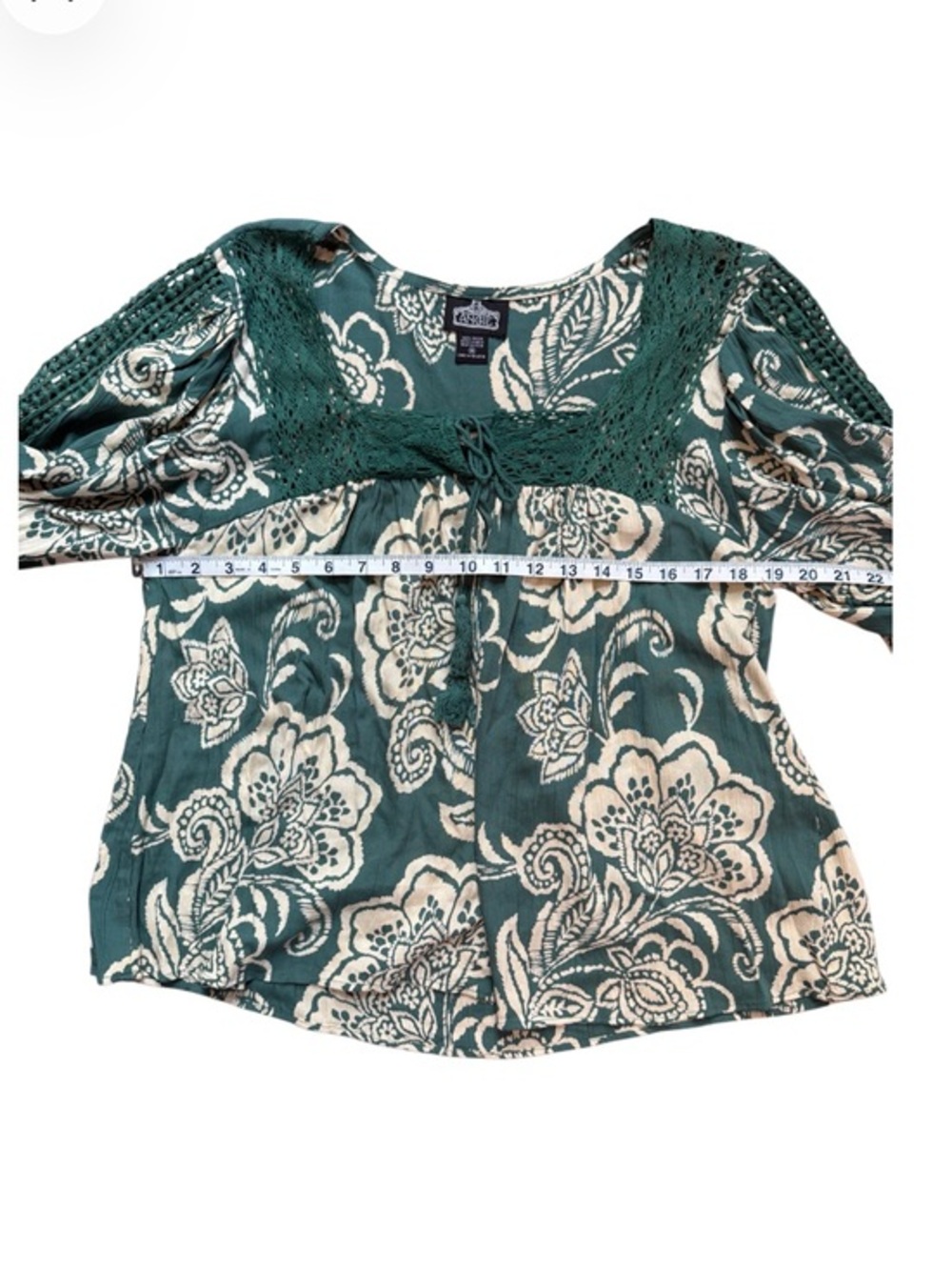 Boho Chic Peasant Crochet Lace Paisley Blouse Teal Green M Cottagecore Prairie - Picture 4 of 5